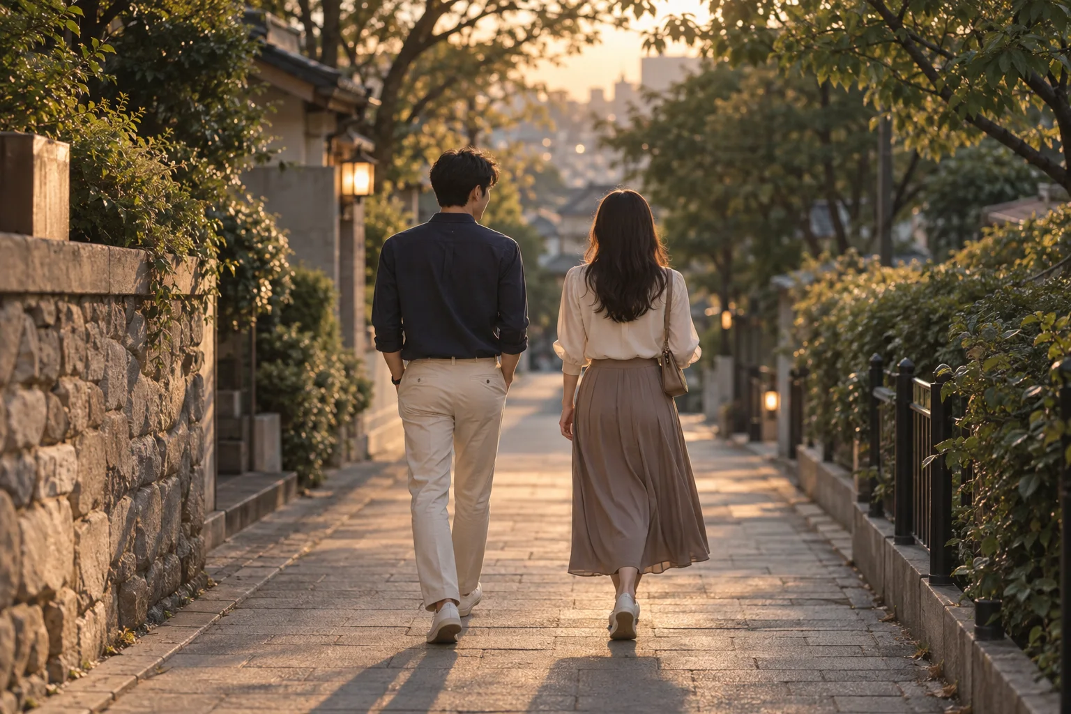 따뜻한 저녁빛 아래 나란히 산책하는 두 사람의 뒷모습